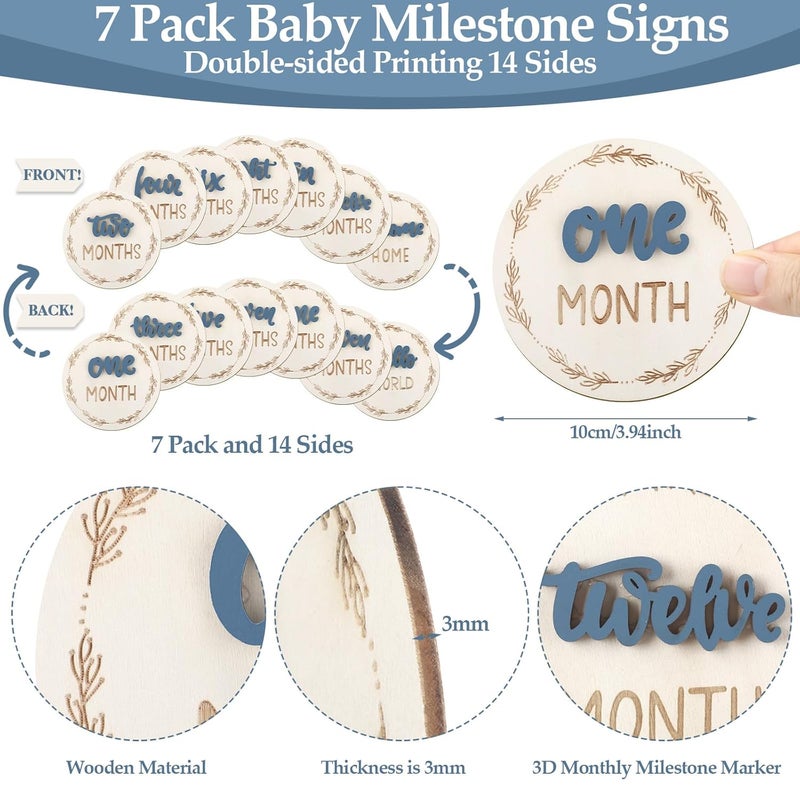 AuraRay Baby Monthly Milestone Cards, Wooden 3D Baby Milestone Signs, Double Sided Blue Monthly Baby Milestone for Newborn Boy Girl 1-12 Months Photos - Image 2